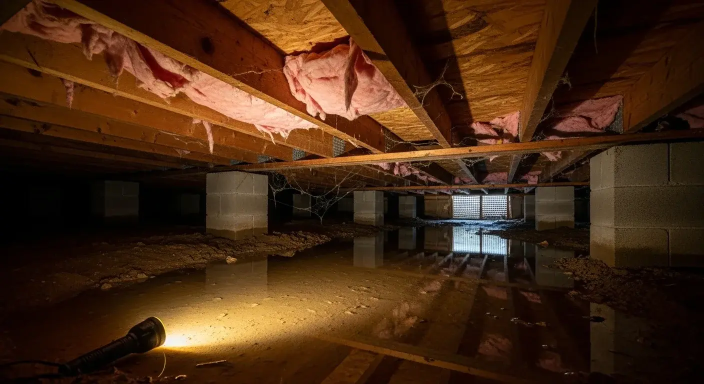 Standing water in a crawl space needing professional cleanup in Denver